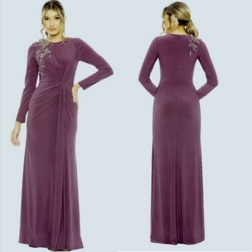 Mac Duggal Heather Purple Embellished Long Sleeve Jersey Gown